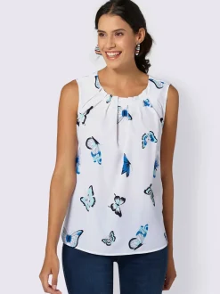 Débardeurs|T-Shirts<Blouse fluide sans manches imprimé col rond avec plis décoratifs