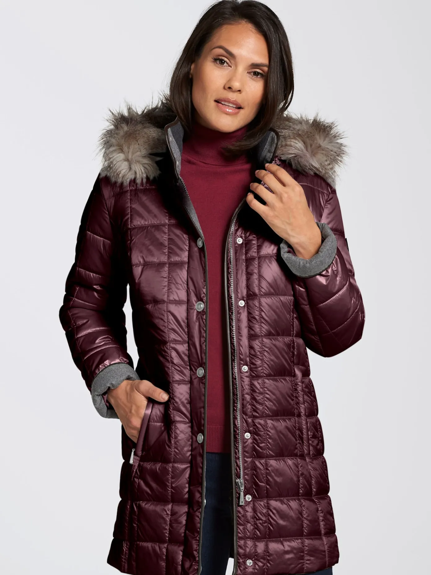 Collection L Vestes<Doudoune brillante col à revers capuche imitation fourrure