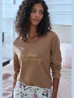 LASCANA Pyjamas<Haut de pyjama t-shirt à manches longues avec imprimé feuille