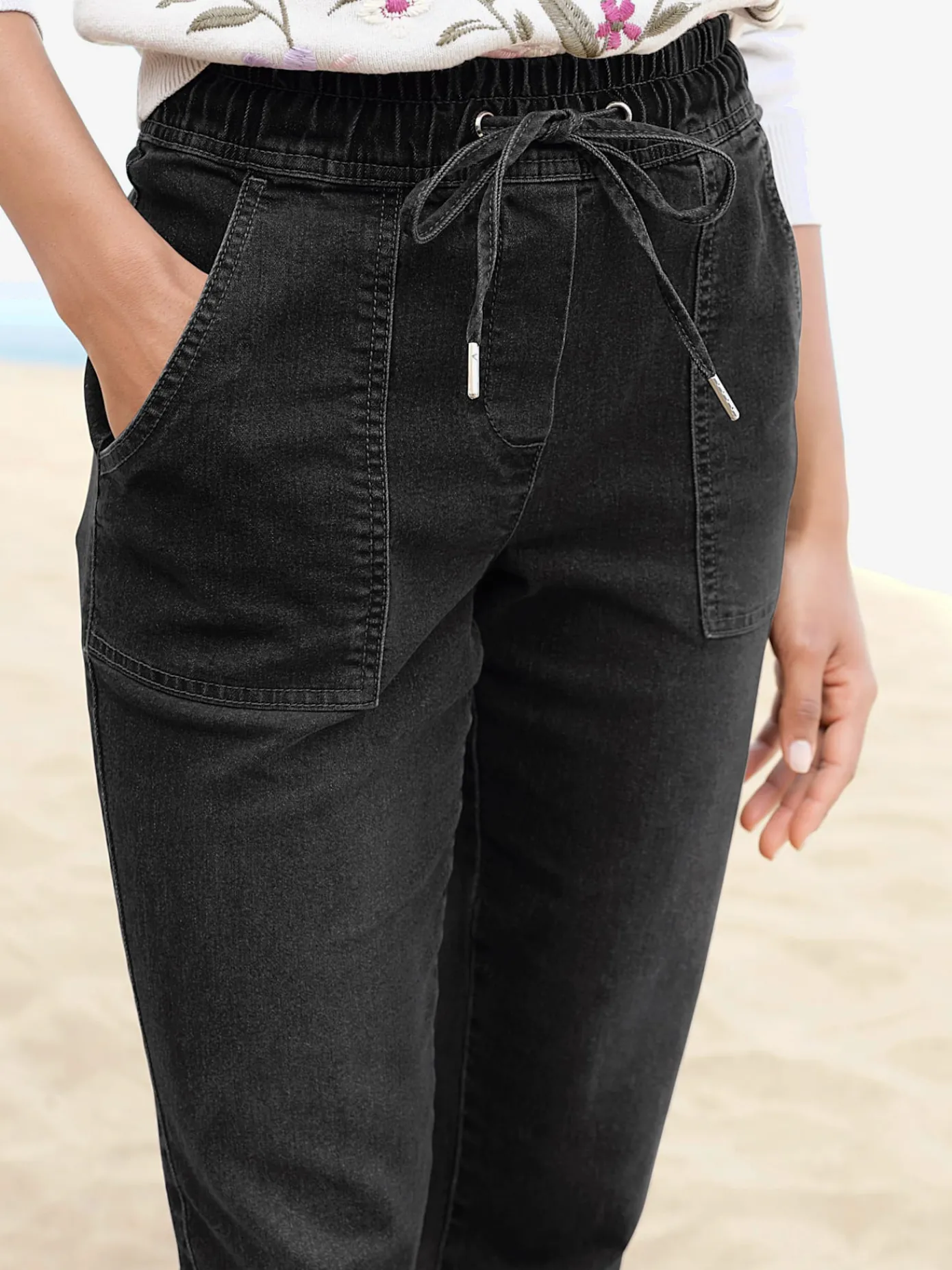 Linea Tesini Jeans|Pantalons<Jean ceinture élastique, coulisse et lien à nouer