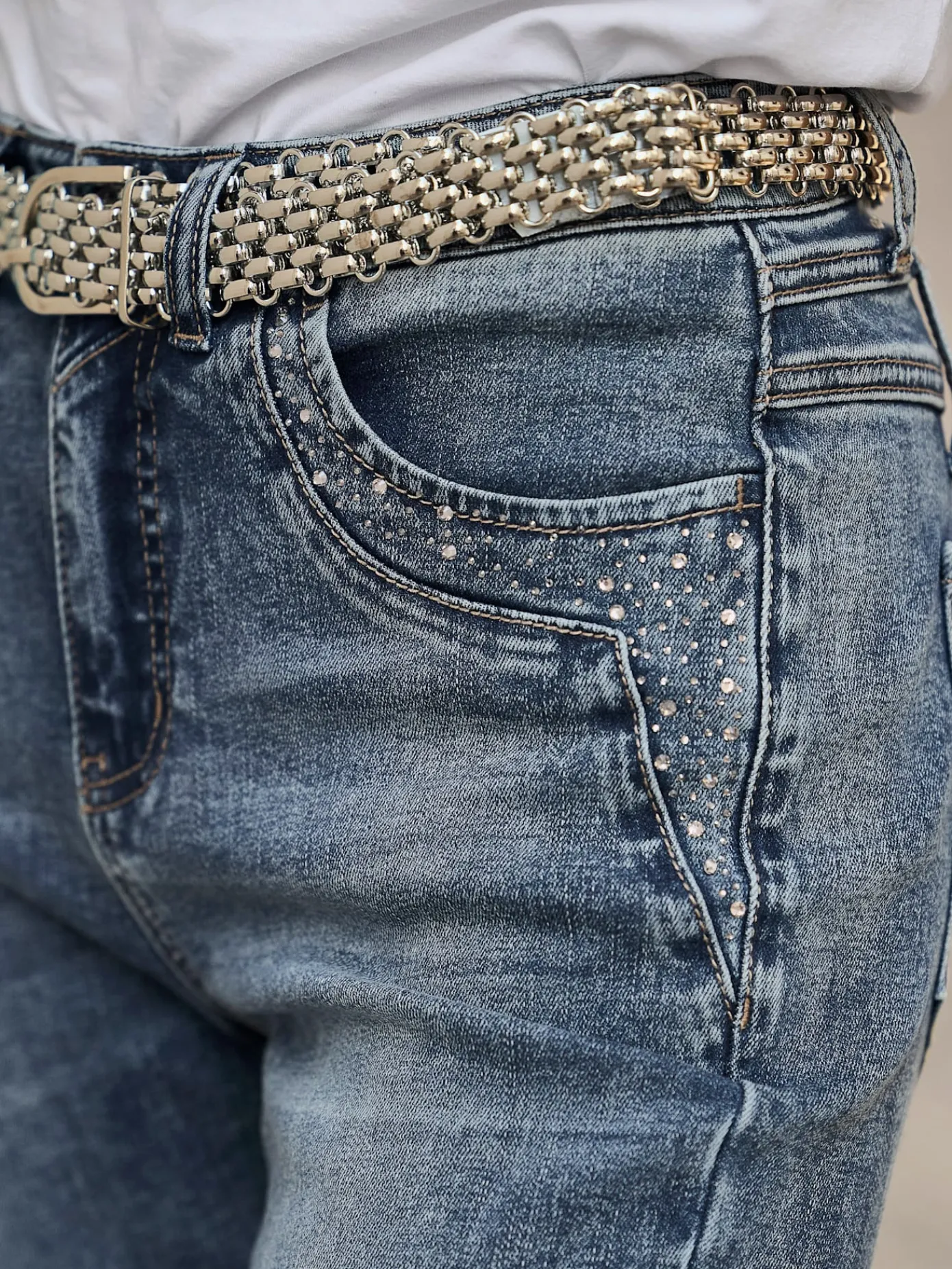 Mandarin Jeans|Pantalons<Jean petites pierres fantaisie