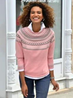 Pulls<Pull au motif norvégien en jacquard col rond avec bordure ondulée