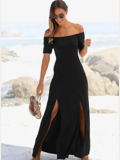 LASCANA Robes<Robe longue robe carmen à manches courtes, jambes fendues