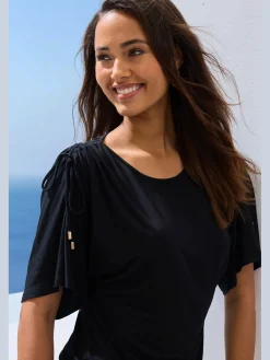 LASCANA T-Shirts<T-shirt à col rond fronce avec liens à nouer aux épaules pour régler la longueur des manches : manches courtes ou mi-longues