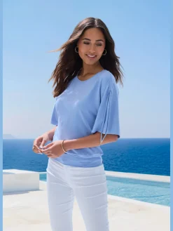 LASCANA T-Shirts<T-shirt à col rond fronce avec liens à nouer aux épaules pour régler la longueur des manches : manches courtes ou mi-longues