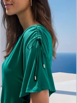 LASCANA T-Shirts<T-shirt à col rond fronce avec liens à nouer aux épaules pour régler la longueur des manches : manches courtes ou mi-longues