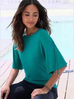 LASCANA T-Shirts<T-shirt à col rond fronce avec liens à nouer aux épaules pour régler la longueur des manches : manches courtes ou mi-longues