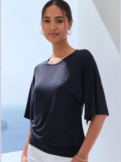 LASCANA T-Shirts<T-shirt à col rond fronce avec liens à nouer aux épaules pour régler la longueur des manches : manches courtes ou mi-longues