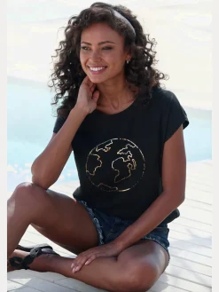 Vivance T-Shirts<T-shirt à col rond imprimé feuille brillant « globe terrestre »