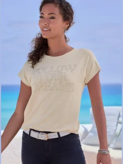 LASCANA T-Shirts<T-shirt à col rond inscription de qualité en strass « follow your dreams »