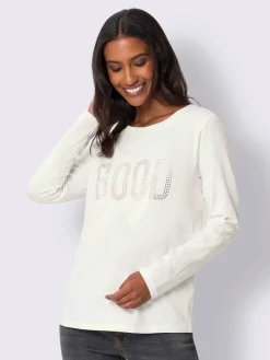 Mandarin T-Shirts<T-shirt à encolure ronde inscription brillante