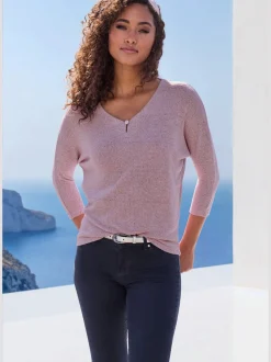 LASCANA T-Shirts<T-shirt à manches 3/4 bouton brillant à strass au niveau de l'encolure