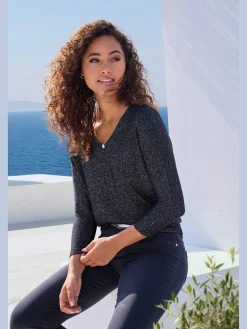 LASCANA T-Shirts<T-shirt à manches 3/4 bouton brillant à strass au niveau de l'encolure