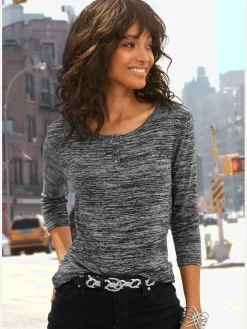 LASCANA T-Shirts<T-shirt à manches 3/4 patte de boutonnage courte avec boutons dorés