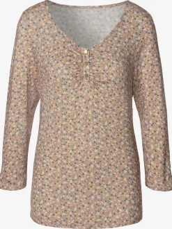 Vivance T-Shirts<T-shirt à manches 3/4 patte de boutonnage courte avec boutons dorés et fronces délicates