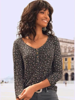 Vivance T-Shirts<T-shirt à manches 3/4 patte de boutonnage courte avec boutons dorés et fronces délicates