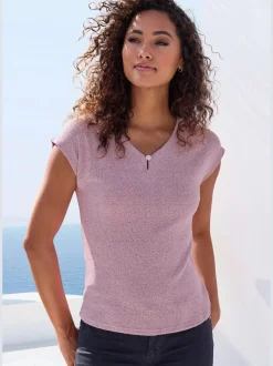 LASCANA T-Shirts<T-shirt à manches courtes bouton brillant à strass au niveau de l'encolure