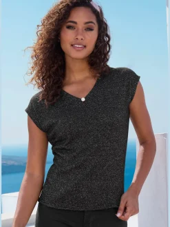 LASCANA T-Shirts<T-shirt à manches courtes bouton brillant à strass au niveau de l'encolure