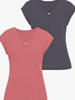 LASCANA T-Shirts<T-shirt à manches courtes encolure en v avec petite fente et perle décorative