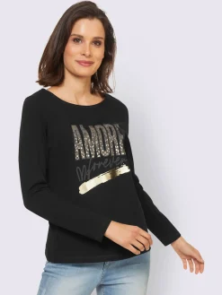 Mandarin T-Shirts<T-shirt à manches longues imprimé feuille brillant