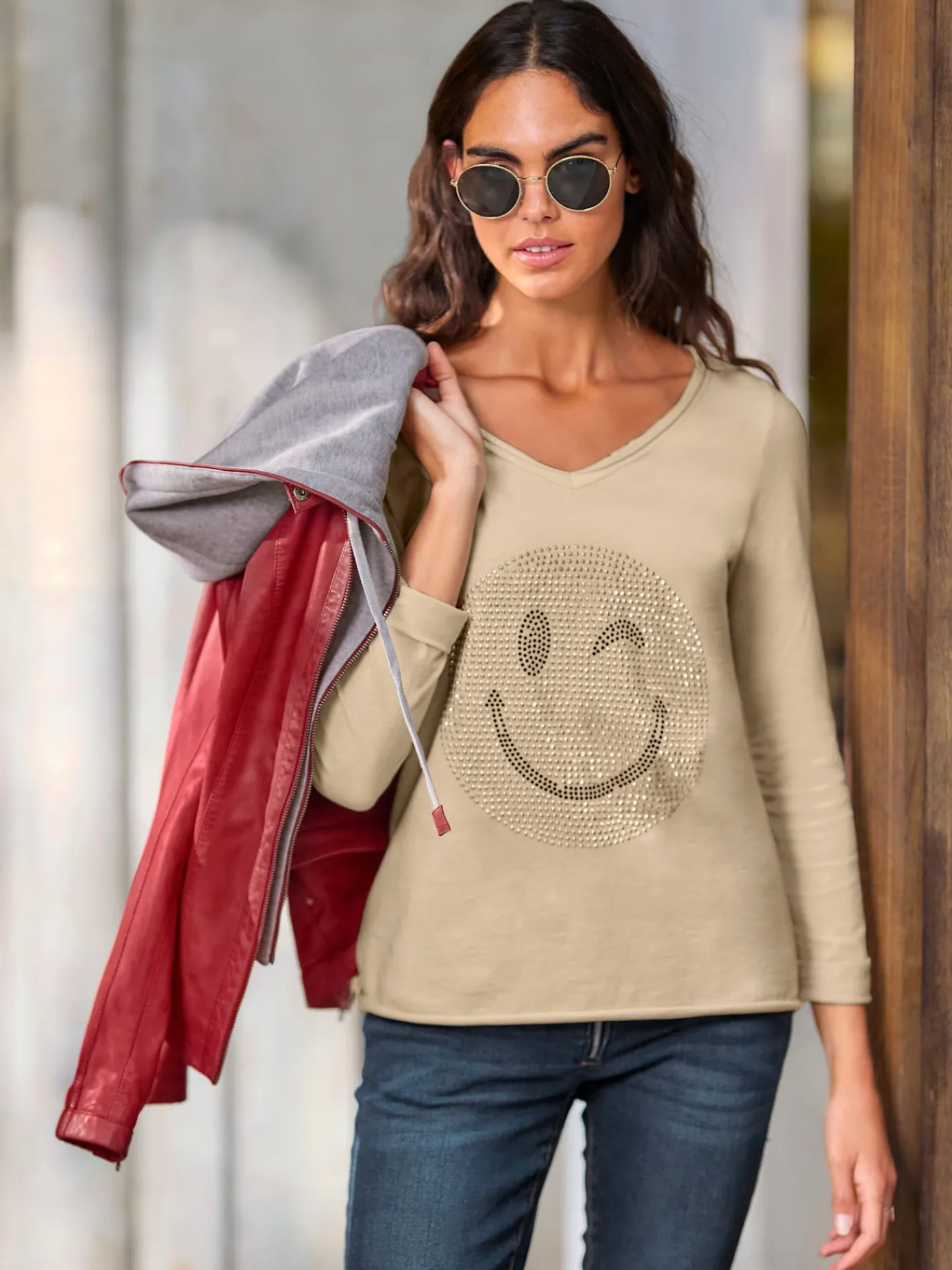 Mandarin T-Shirts<T-shirt à manches longues petites pierres fantaisie