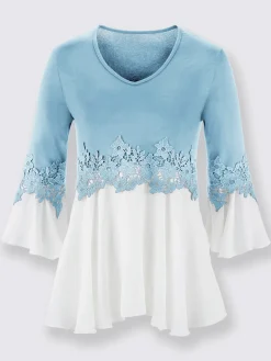 Fair Lady T-Shirts<T-shirt bicolore souple ornée dentelle fleurie