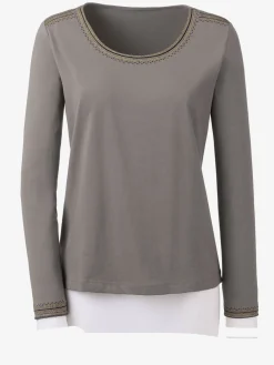 T-Shirts<T-shirt brodé mélange coton-modal col rond manches longues