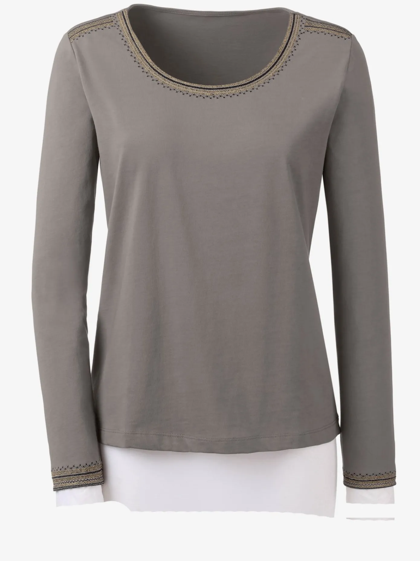 T-Shirts<T-shirt brodé mélange coton-modal col rond manches longues