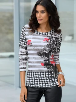 T-Shirts<T-shirt imprimé empiècements pied-de-poule manches longues