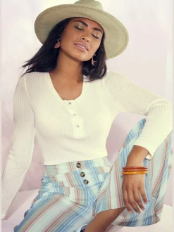 Vivance T-Shirts<T-shirt manches longues courte patte de boutonnage devant avec boutons imitation nacre